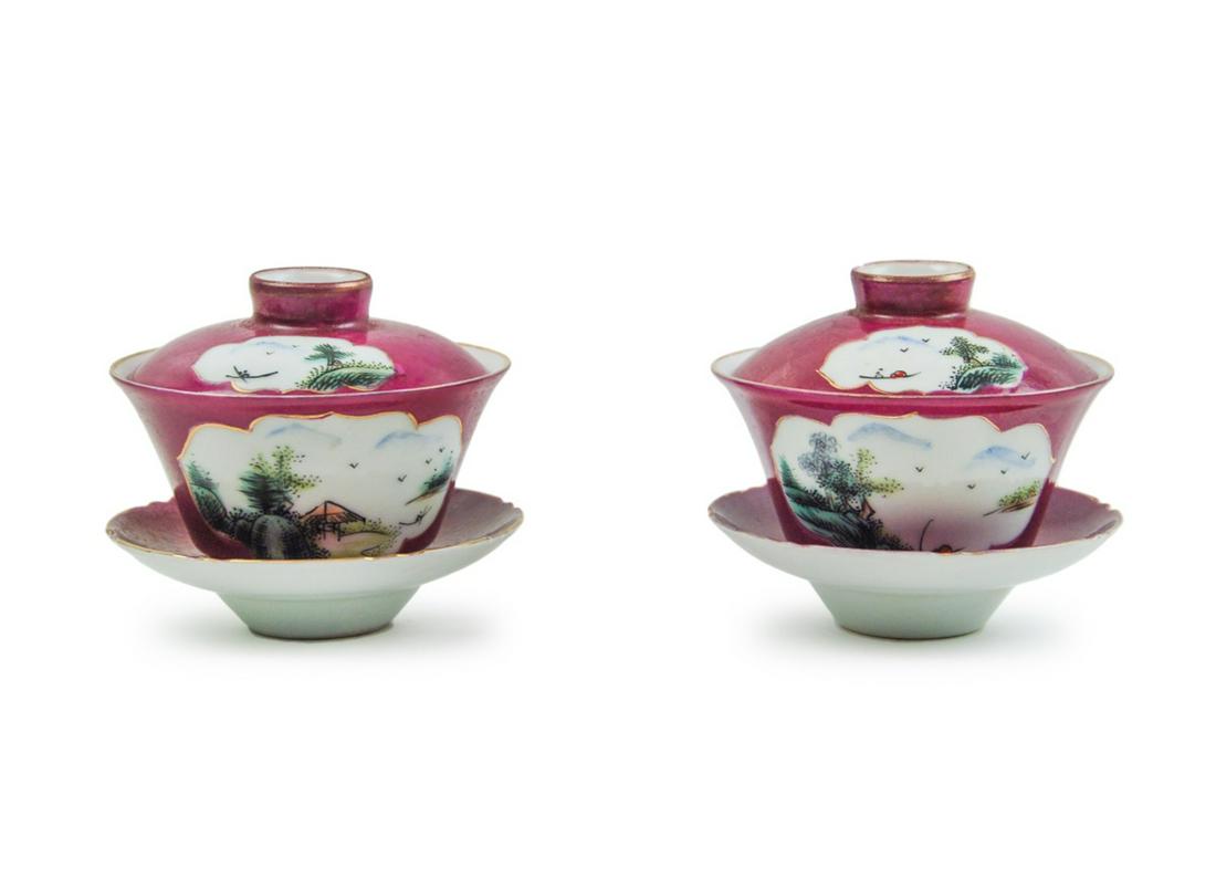 PAIR OF BERRY GLAZED TEA CUPS LIDS AND SAUCER (1 of 12)