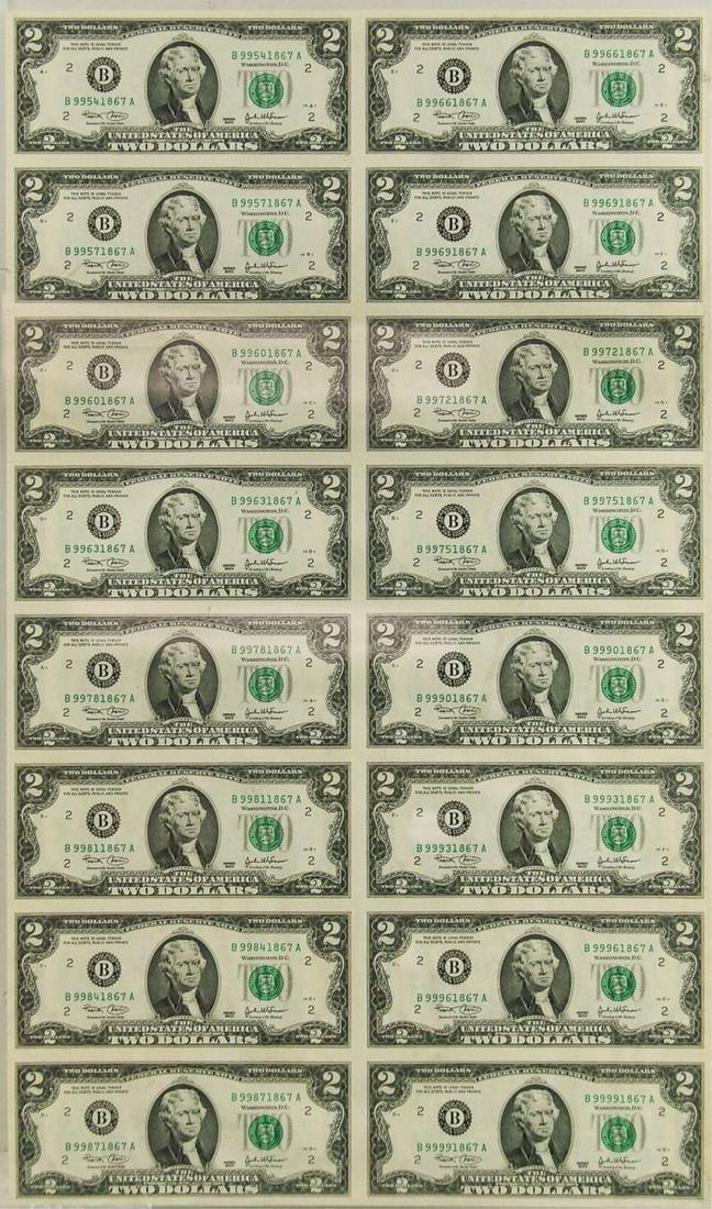16 PC FRAMED UNCUT SHEET OF $2 BILLS (1 of 2)