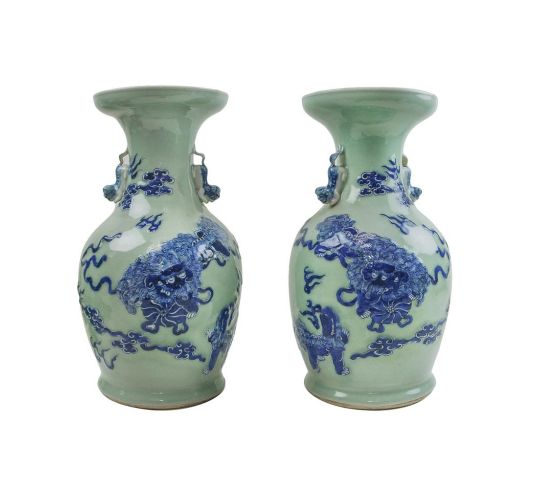 PAIR OF CELADON GLAZED FOO LION VASES (1 of 11)