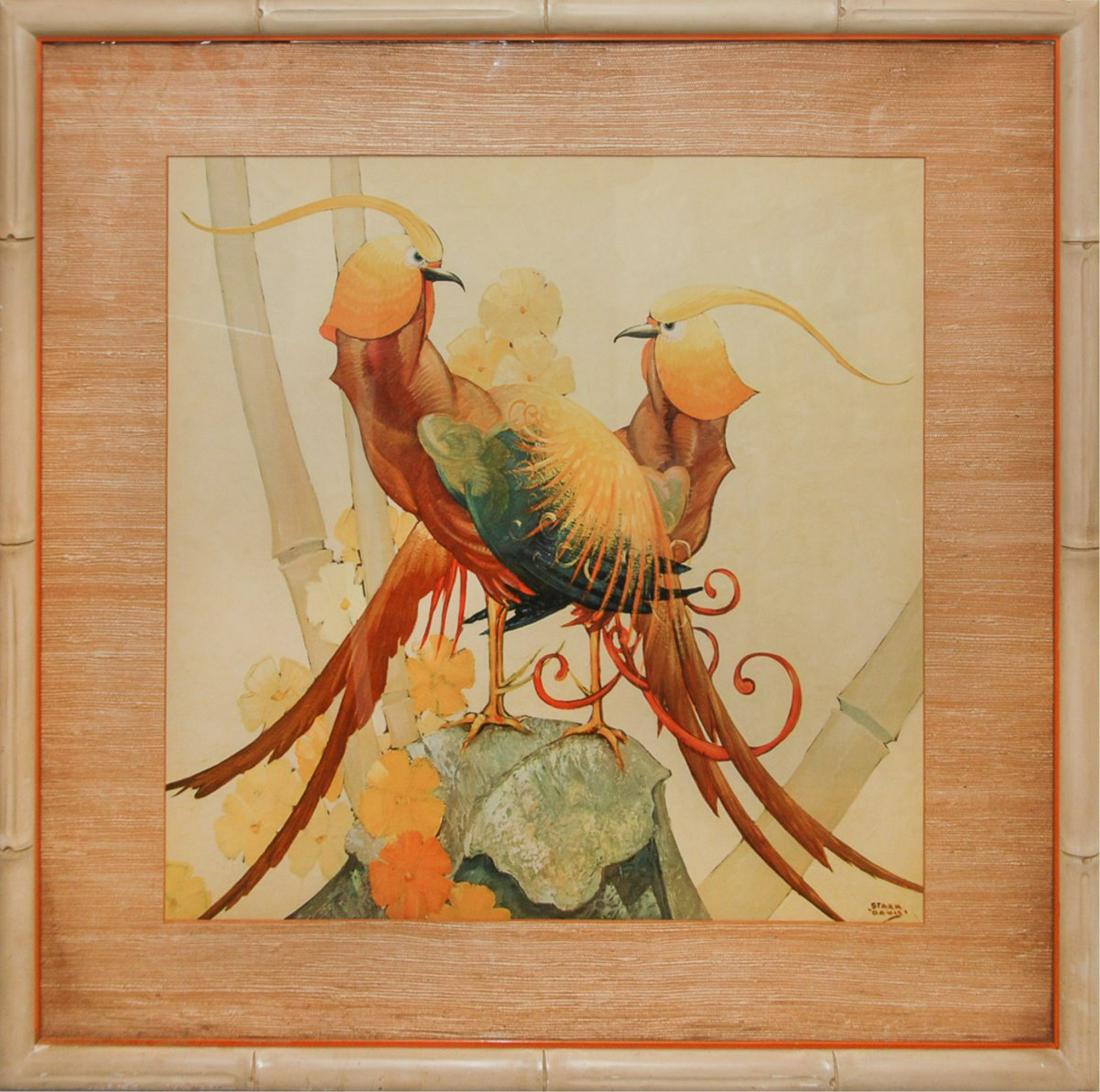 FRAMED STARK DAVIS GOLDEN PHEASANTS: Framed stark Davis golden pheasants H:32in(81.2cm) W:34in(86.3cm)