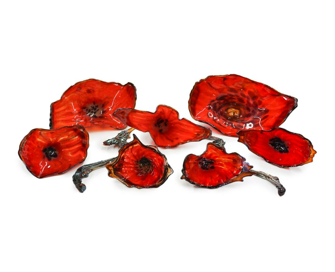 11 LUCY CHAMBERLAIN ART GLASS â€ONCIDIUM SPLENDUM": Sculpture in glass fabrication depicting seven open flower blooms and four branches by Lucy Chamberlain, titled "Oncidium Splendidum." It is signed on the bottom of all the flower blooms"Lucy Chamberl