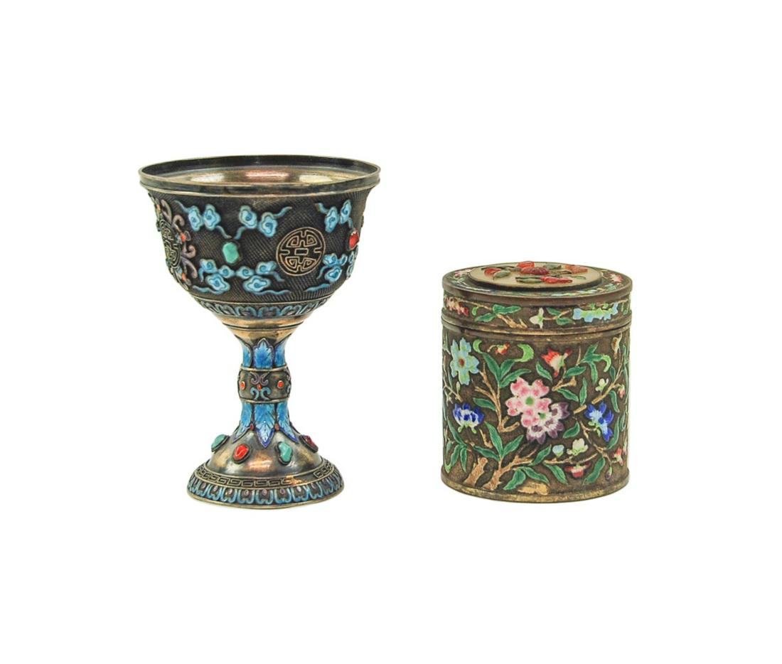 TWO CHINESE ENAMELED CUP AND CONTAINER (1 of 1)