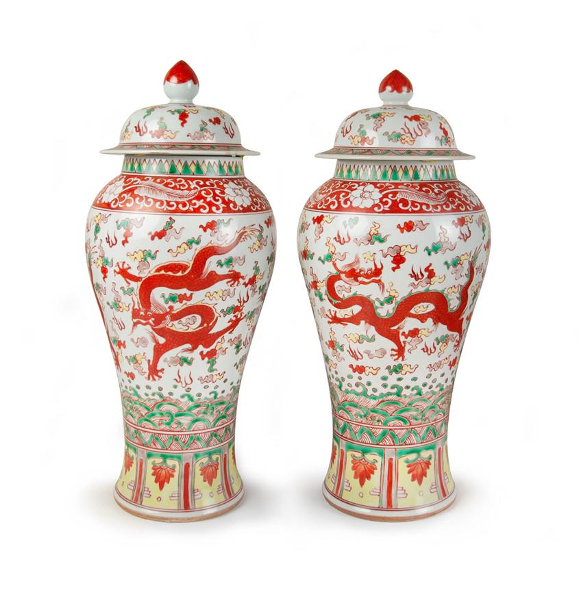 PAIR OF IRON RED DRAGON LIDDED JARS (1 of 9)