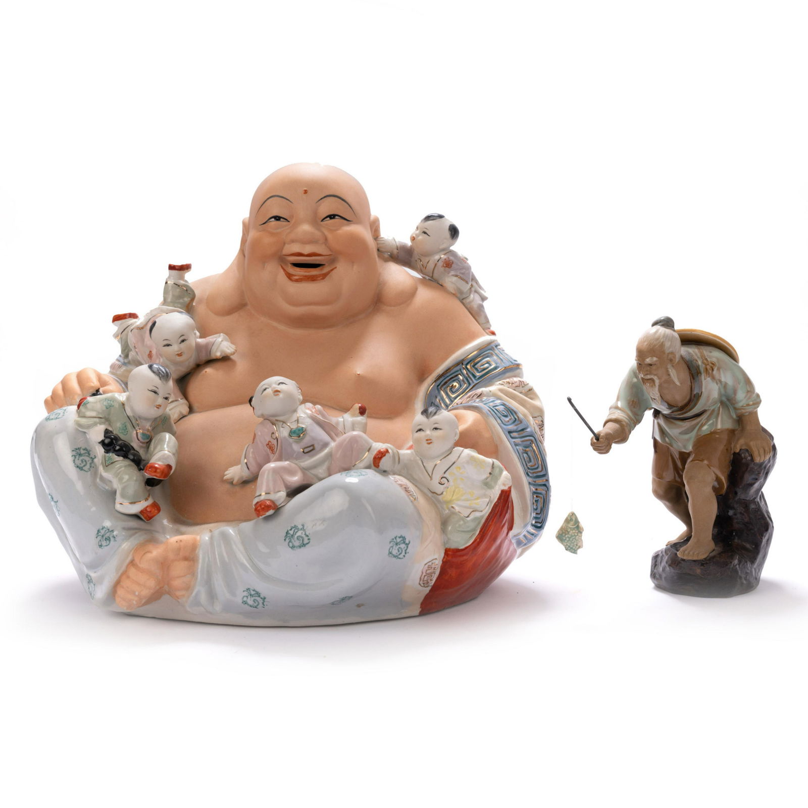 TWO PORCELAIN FIGURES BUDDHA AND FISHERMAN (1 of 6)
