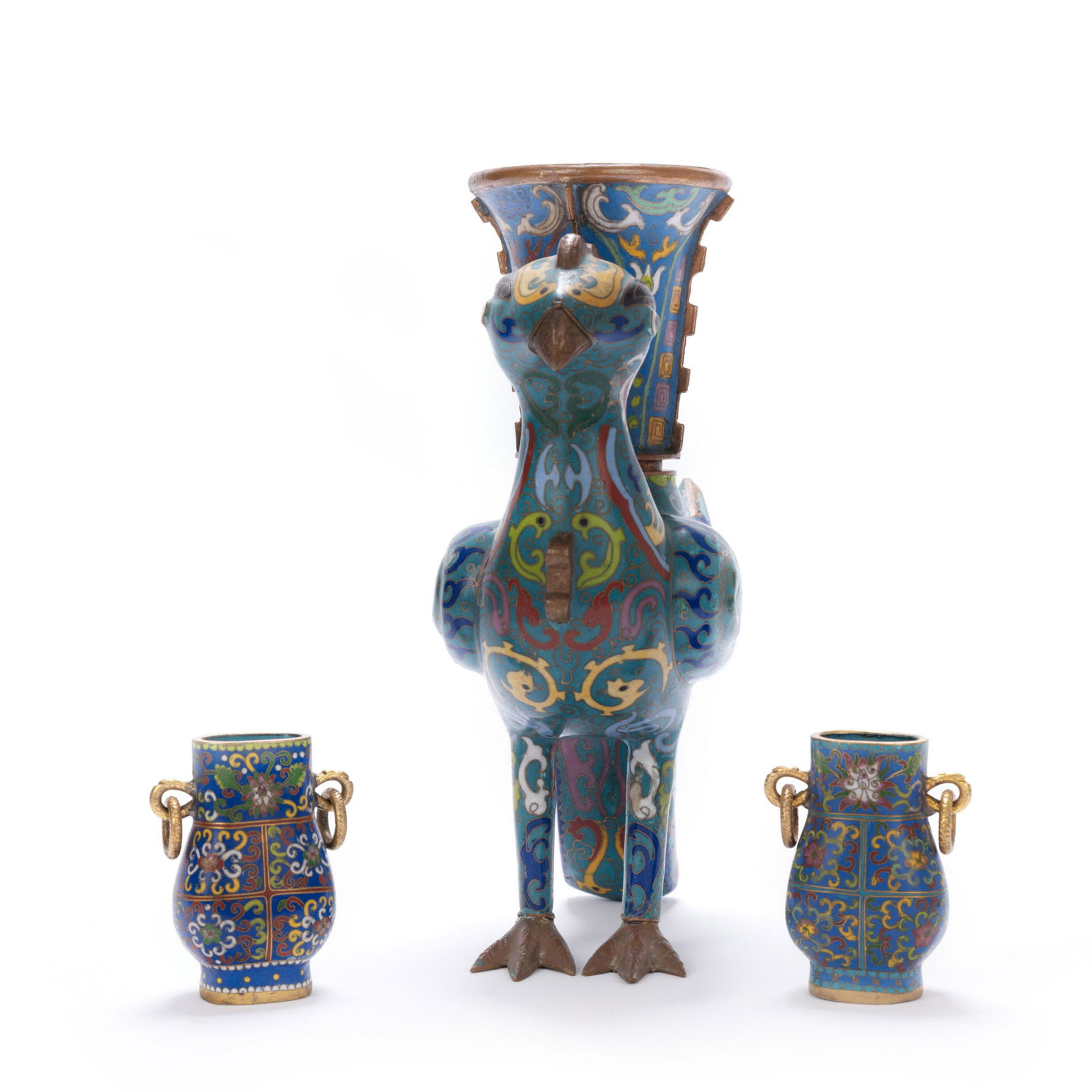 THREE CLOISONNE BIRD-HEAD VASE AND CUPS (1 of 7)