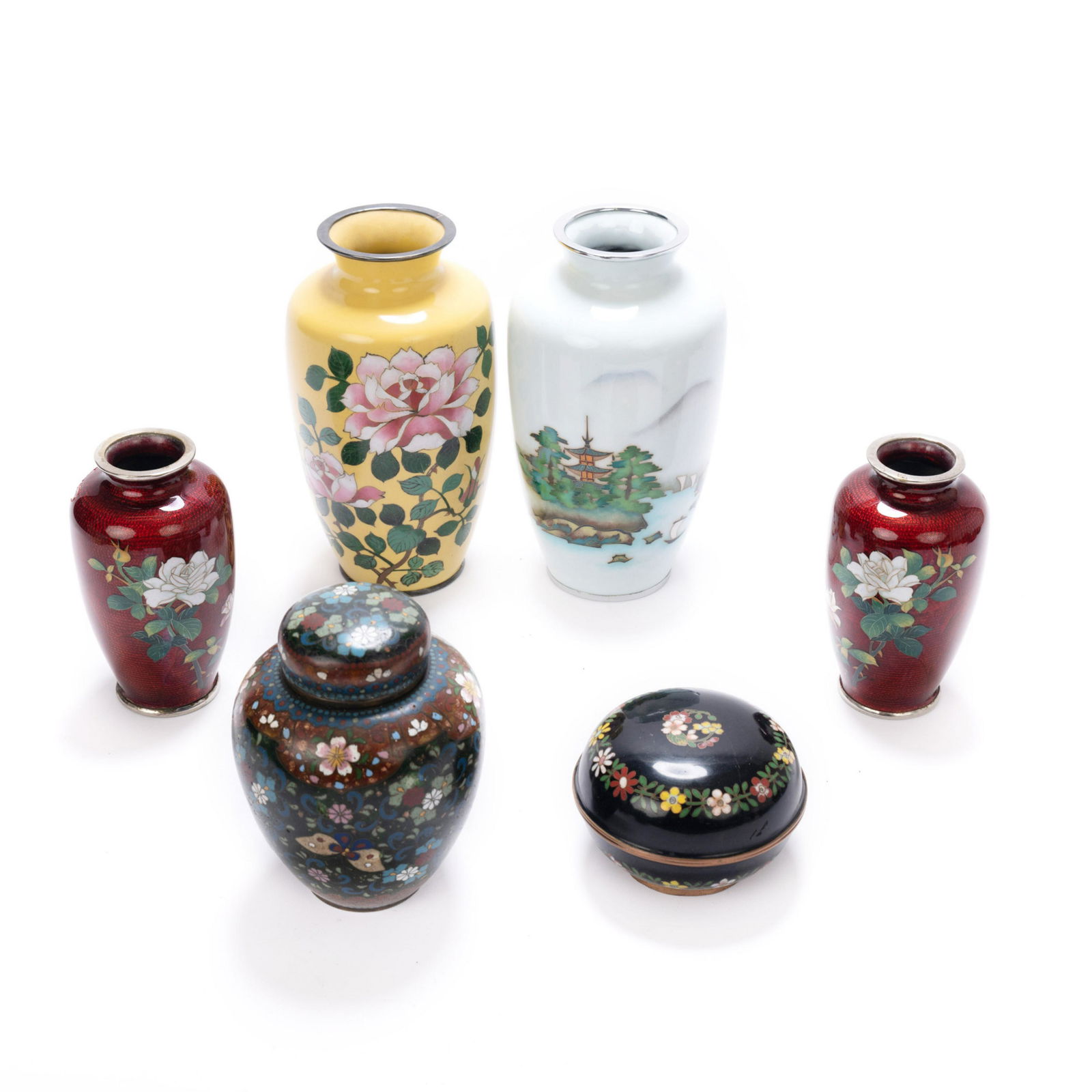 GROUP OF SIX CLOISONNE ENAMEL VASES AND JAR BOX (1 of 6)
