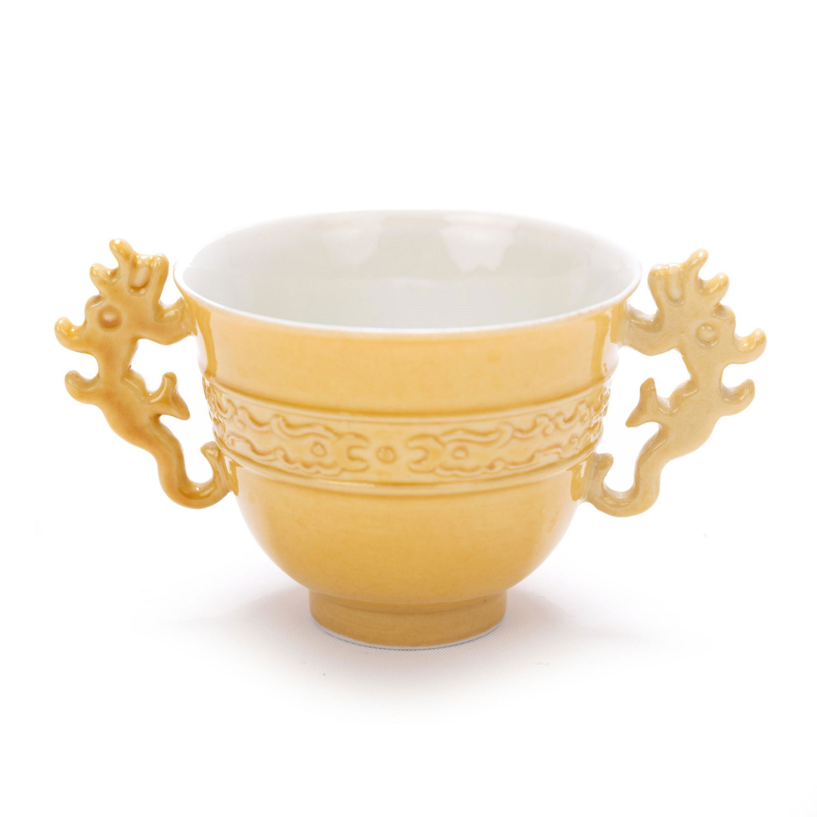 A FINE INCISED YELLOW-GLAZED 'DRAGON' HANDLED CUP (1 of 12)