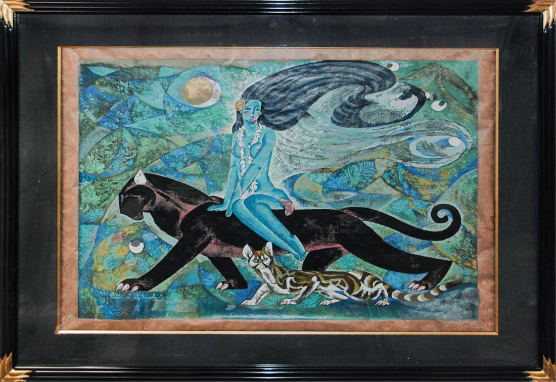 Zhou Ling (b. 1941) Chinese painting, Framed: WOMAN WITH PANTHER & OCELOT, color screenprint, signed in pencil. framed H:39in(99cm) W:51in(129.5cm)