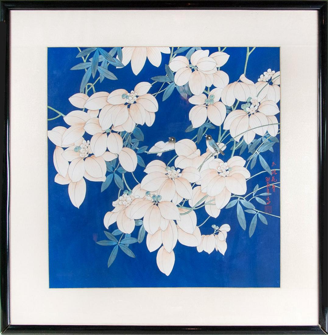 FRAMED PAINT ON SILK, WHITE FLOWERS AND BIRDS (1 of 3)