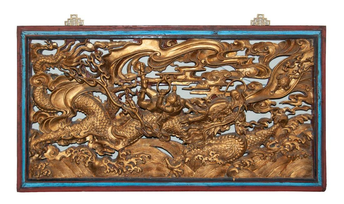 CARVED GILDED DRAGON, WOOD WALL PANNEL (1 of 3)