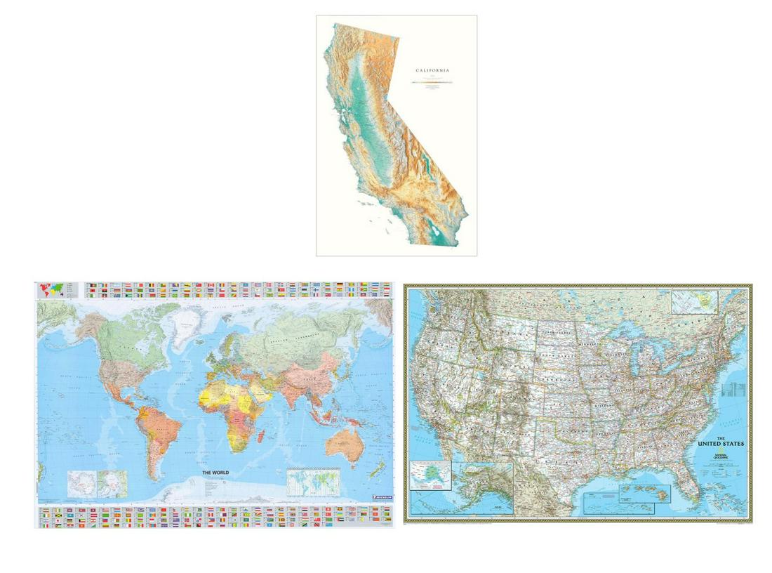 Two Laminated Geographical World, USA Maps and CA: USA: 70in(177.8cm) X 49in(124.4cm) World: 39in(99cm) X 56in(142.2cm)