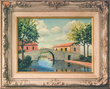 M. RAUEN OIL ON CANVAS "ARCH BRIDGE": Oil on canvas, signed on the lower right "M. Rauen". This painting depicts a canal scene with a bridge in the middle ground. H:14in(35.5cm) W:17in(43.1cm)
