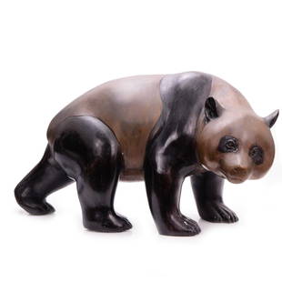 PAINTED COPPER STATUE OF PANDA BEAR: H:17.5in(44.4cm) L:32in(81.2cm) W:16in(40.6cm)