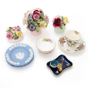 GROUP OF 12 ENGLISH BONE CHINA /PORCELAIN: A:3/4in(1.9cm) X 4 3/4in(12cm) B: 2 3/8in(6cm) X 2 5/8in(6.6cm) C: 5 1/4in(13.3cm) X 5in(12.7cm) D: 1 3/4in(4.4cm) X 3 1/8in(7.9cm) E: 2in(5cm) X 3in(7.6cm)F:3in(7.6cm) X 3in(7.6cm) G: .5in(1.2cm) X