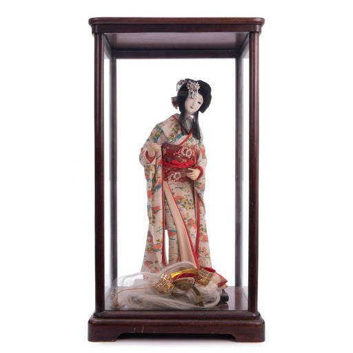 Large Japanese Geisha Doll In Glass Case