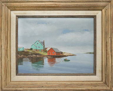 M. RAUEN, OIL ON CANVAS: Oil on canvas, signed on the lower right "M. Rauen." This painting depicts two house on the shore on the left background with the sea to the right and a man in a row boat.H:13.5in(34.2cm)