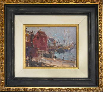 OIL ON CANVAS SIGNED ROCKPORT HARBOR 2011 5 JUNE: Acrylic on canvas, signed illegibly on the lower right, and on the back "Rockport Harbor 2011 5 June Pluish. Aik." This painting was made in Thailand, and it depicts an abstract of a red house in