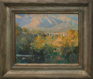 ILLEGIBLY SIGNED. OIL ON CANVAS: Acrylic on canvas, signed illegibly on the lower left. This painting depicts an abstract foliage under a bridge with a snowcapped mountain in the background.H:25in(63.5cm) W:29in(73.6cm)