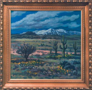 MARTIN MONDRUS, (1925 - * LOS ANGELE) DESSERT: Oil on board in Plenair style, signed on the lower right "Mondrus". This painting depicts a desert field with cactus in the foreground, and snowcapped mountains and a blue sky with clouds in the