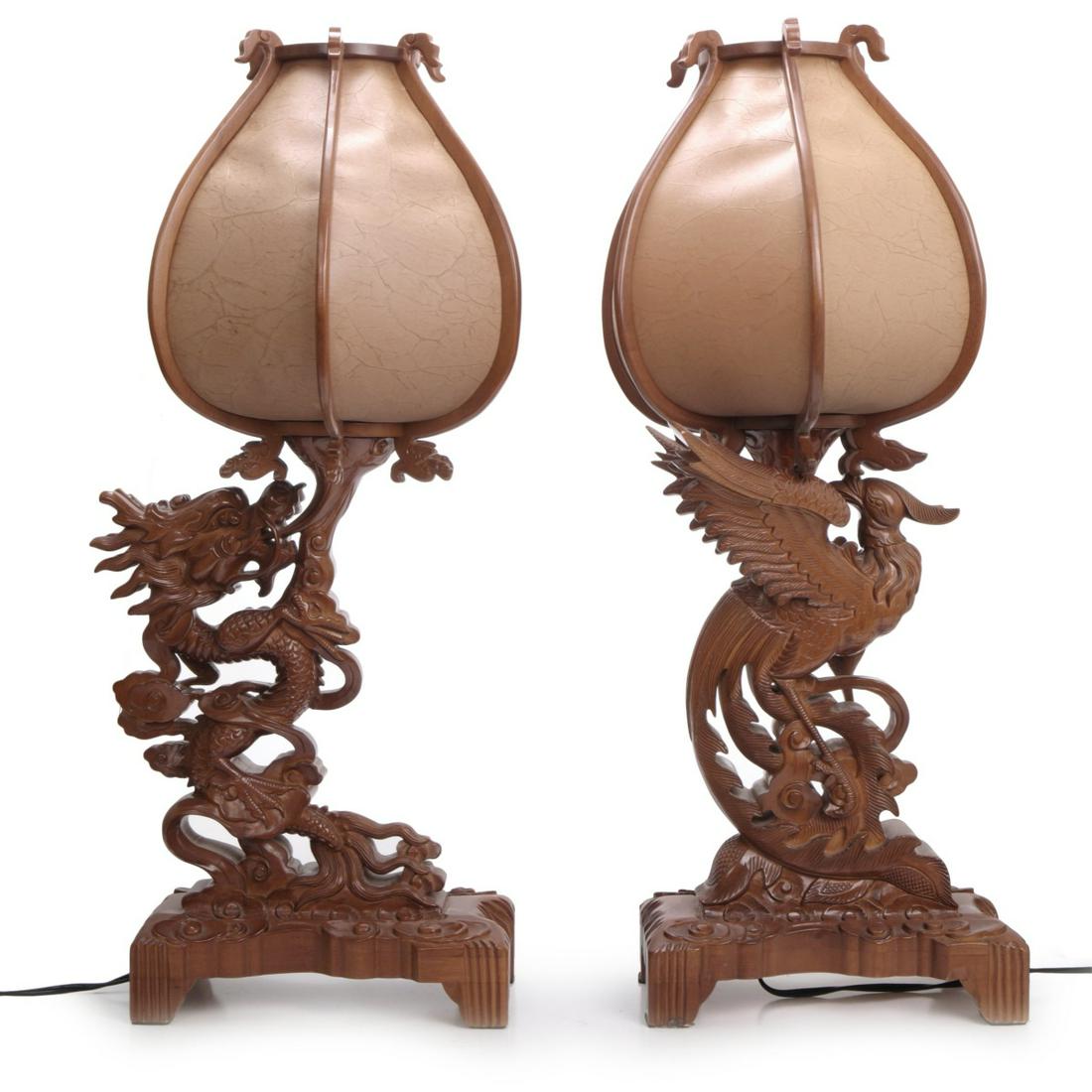 CHINESE WOOD CARVED LAMPS PAPER SHADES (1 of 6)