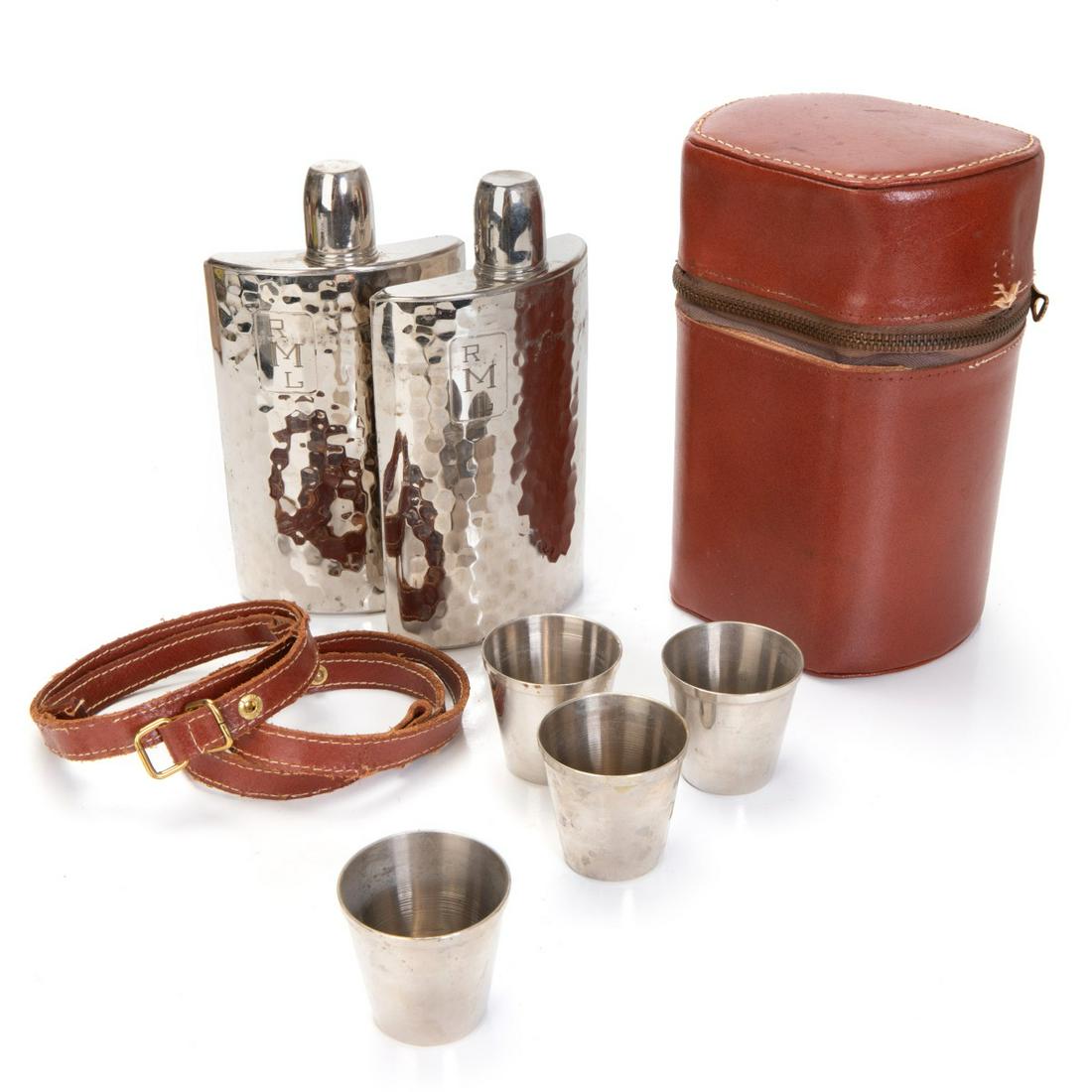 MILITARY HONOR FLASK SET: Flask set (2 Flasks and 4 shot cups in leather case) given to Major Robert L. Margison as "Fearless Leader" of the 3555th Air Defense Alert Unit 1962' during the Cuban Missile Crisis Flasks H:7in(17.7
