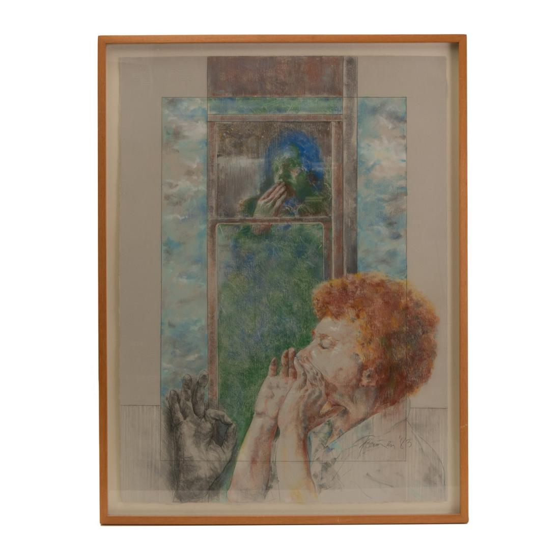 Joyce Treiman (1922-1991) Oil pastel and pencil: Oil pastel and pencil on paper in a natural finish wooden frame, signed on the lower right â€œTreiman â€˜83” by Joyce Treiman. There is a tag on the back from Fisher Gallery, U. of South