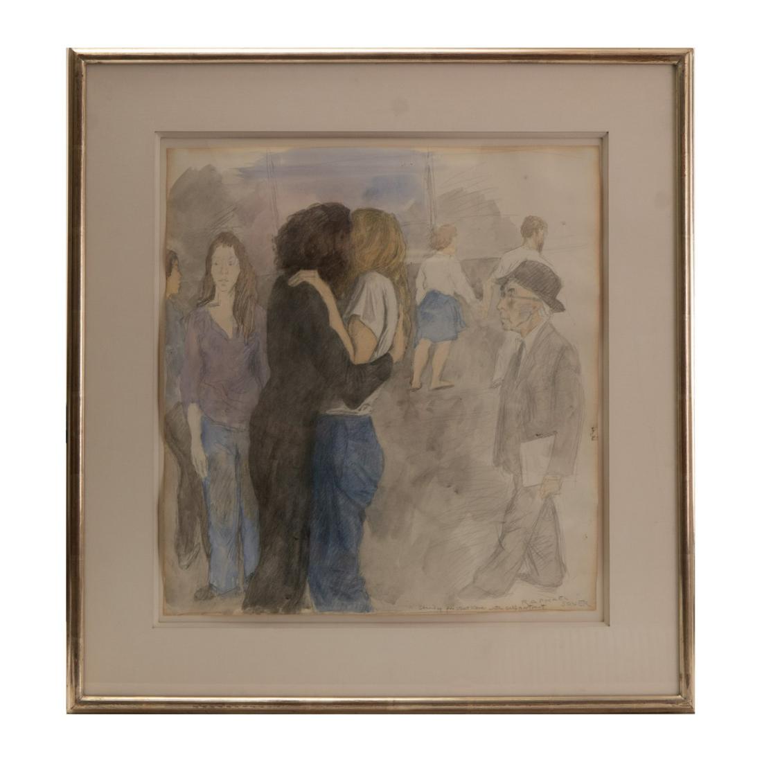 Raphael Soyer (1899-1987, American), Watercolor: Watercolor and pencil on paper in a silver tone wooden frame, signed on the lower righ tâ€œRaphael Soyer ” and titled â€œStudy for Street Scene with Self Portrait.” There is a tag