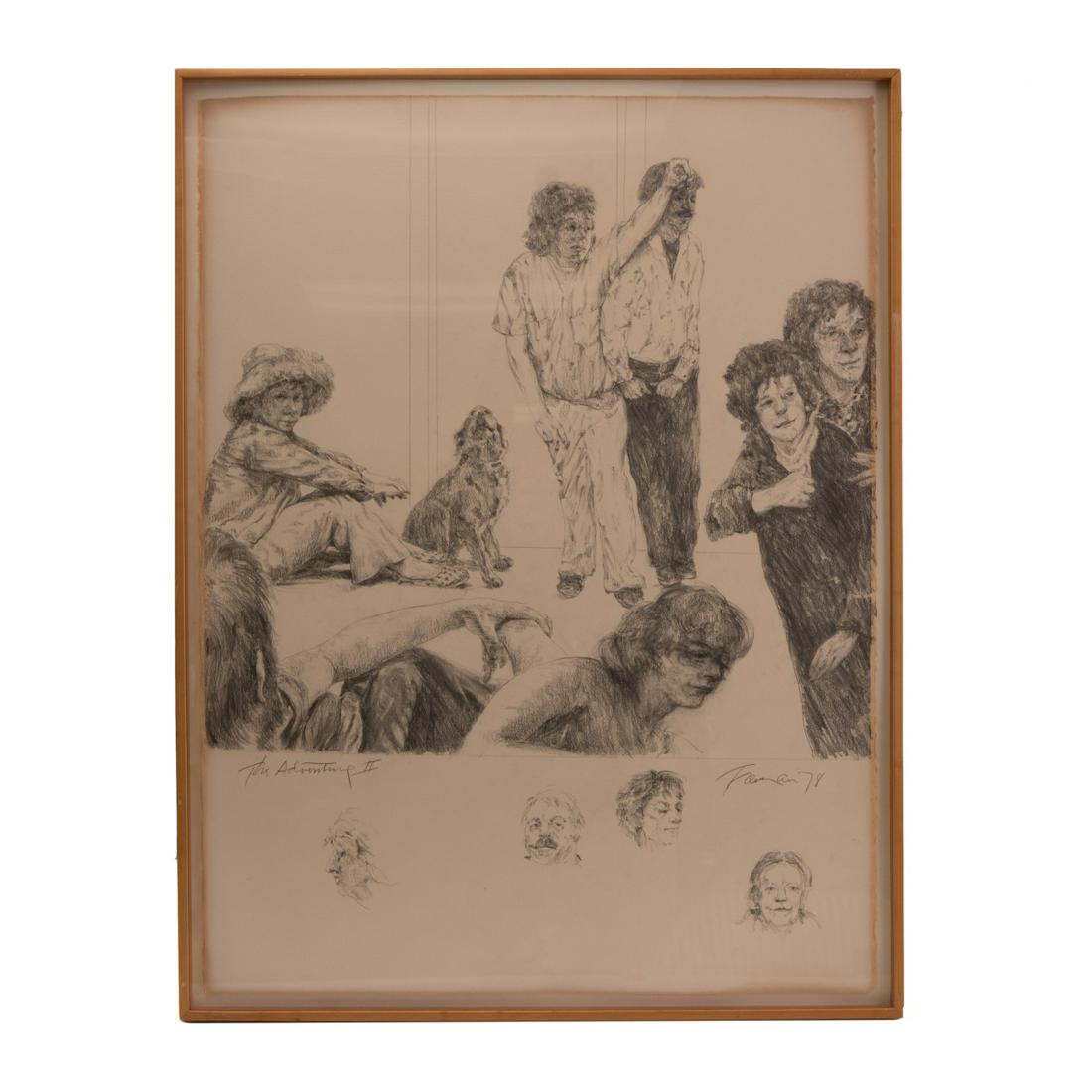 Joyce Treiman (1922-1991) Charcoal & pencil: Charcoal and pencil on paper in a natural finish wooden frame, signed on the lower right â€œTreiman 78” by Joyce Treiman and titled on the lower left â€œThe Adventure II.” The imag
