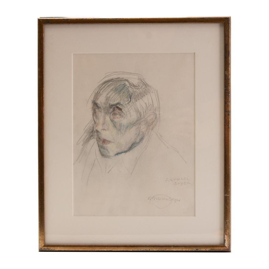 Raphael Soyer (1899-1987, American) Mixed media: Mixed media of charcoal, pencil, and oil pastel on paper in a distressed gold tone wooden frame, signed on the lower right â€œRaphael Soyer” and â€œOf Moses Soyer.” The image depic