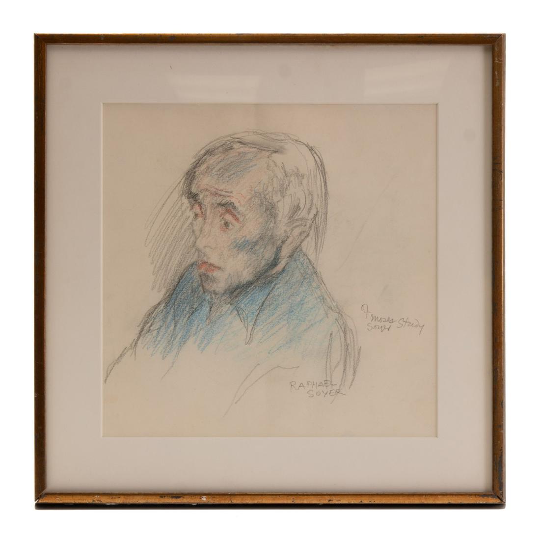 Raphael Soyer (1899-1987, American) Mixed media: Mixed media of charcoal, pencil, and oil pastel on paper in a distressed gold tone wooden frame, signed on the lower right â€œRaphael Soyer” and â€œOf Moses Soyer Study.” There is