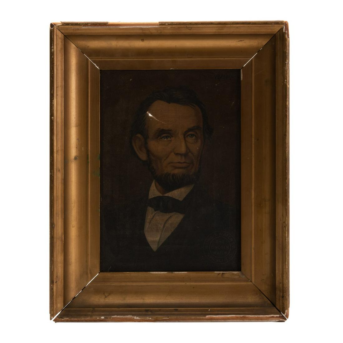 â€œR Bohume" ILLINOIS WATCH CO. PAINTING OF LINCOLN: Oil on canvas in a gold tone wooden frame, signed on the upper right â€œR Bohume” and stamped on the image on the lower right â€œThe Lincoln Watch Illinois Watch Co. Springfield.”