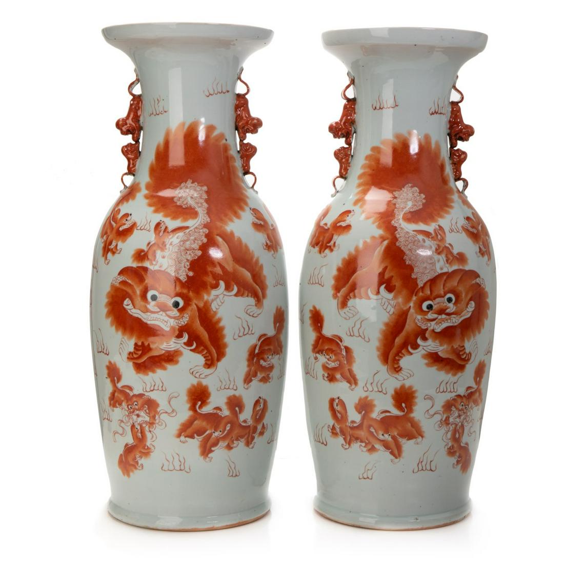 PAIR OF CHINESE PORCELAIN IRON-RED LION VASES (1 of 6)