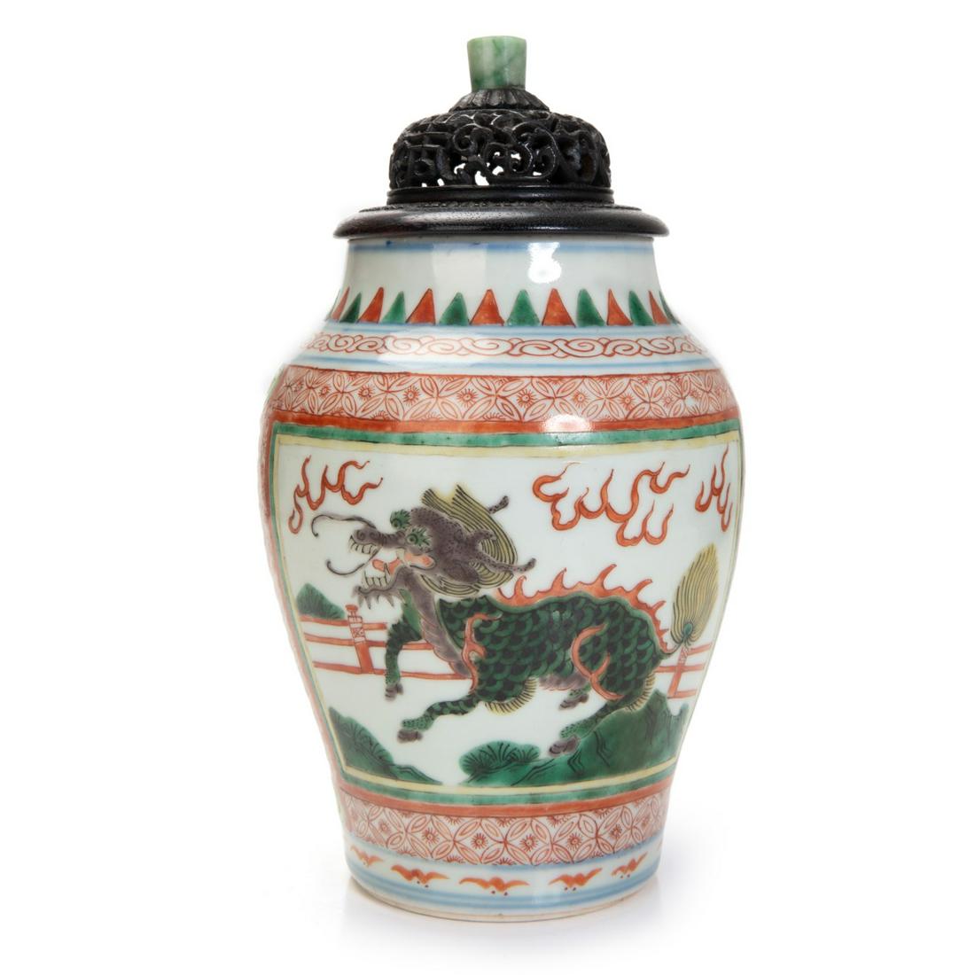 CHINESE PORCELAIN IRON-RED QILIN VASE JADEITE TOP (1 of 6)