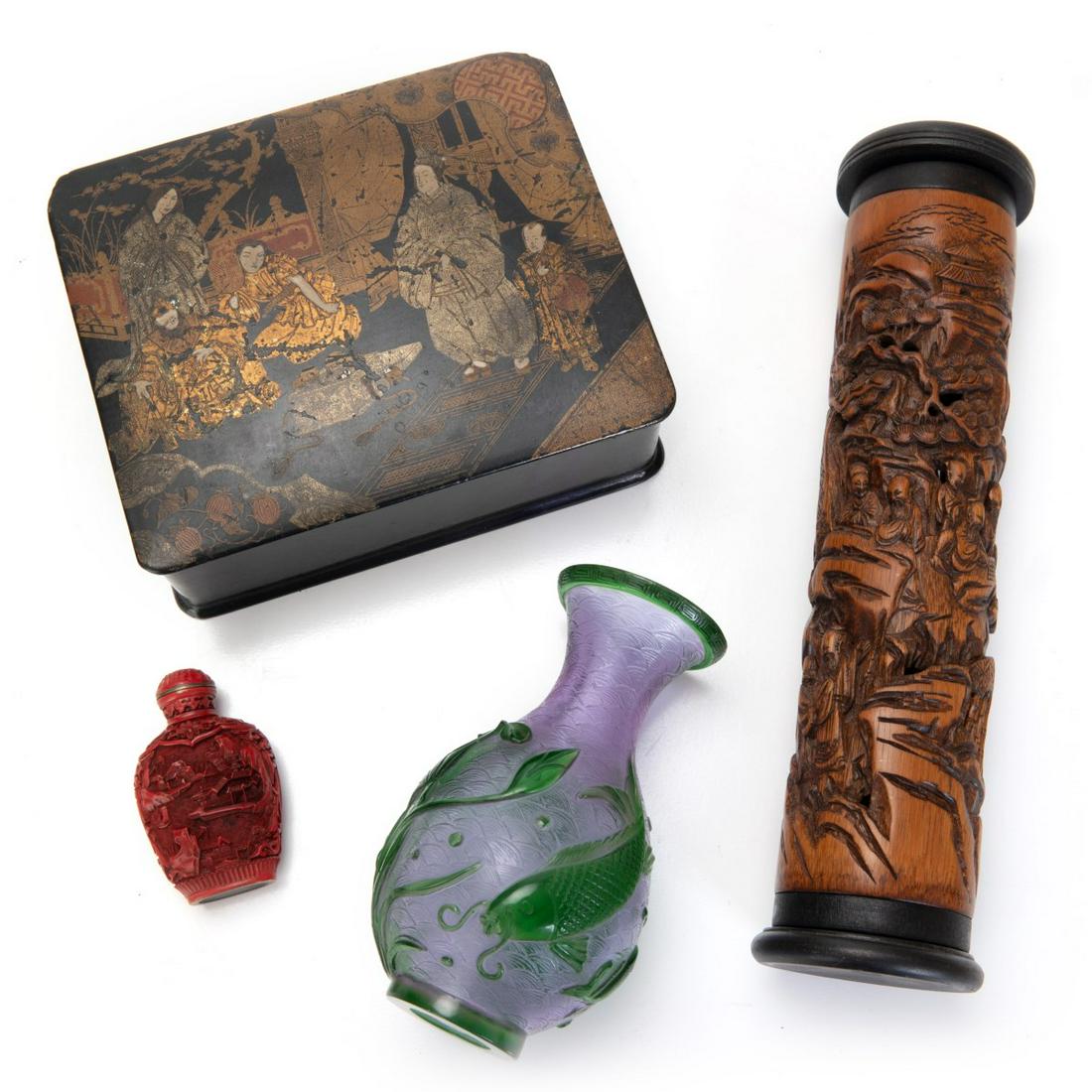 GROUP OF WOOD CARVED, SNUFF BOTTLE, VAES, LACQUER: Lacqure box H:2.25in(5.7cm) W:7in(17.7cm) Incense tube H:10 7/8in(27.6cm) W:2.5in(6.3cm) Snuff bottle H:3in(7.6cm) W:1 3/4in(4.4cm) Glass vase H:5 5/8in(14.2cm) W:3.25in(8.2cm)