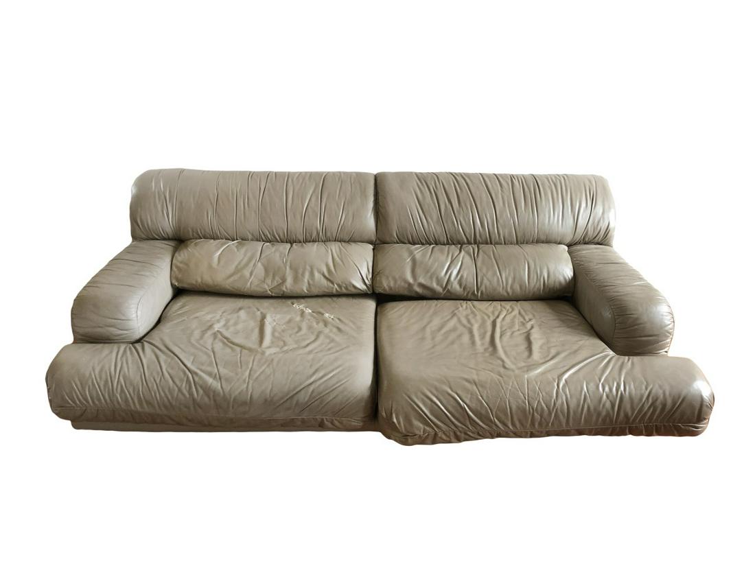 GREY LEATHER SOFA: Condition: Moderate wear and tear, but still has many good years left Wear and tear details: Stains H:29in(73.6cm) W:75in(190.5cm)
