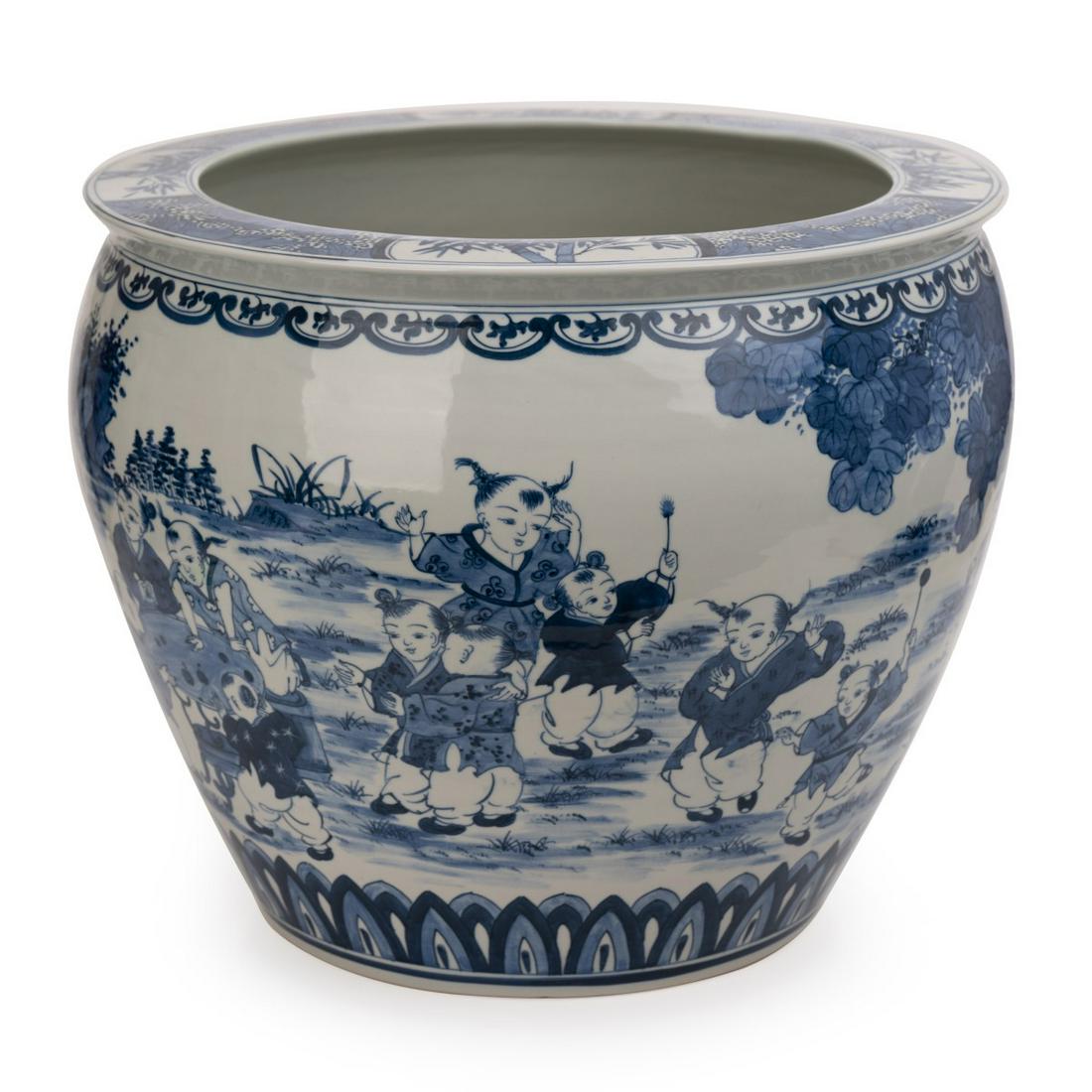 Large Chinese Blue And White Boys Fish Bowl (1 of 6)