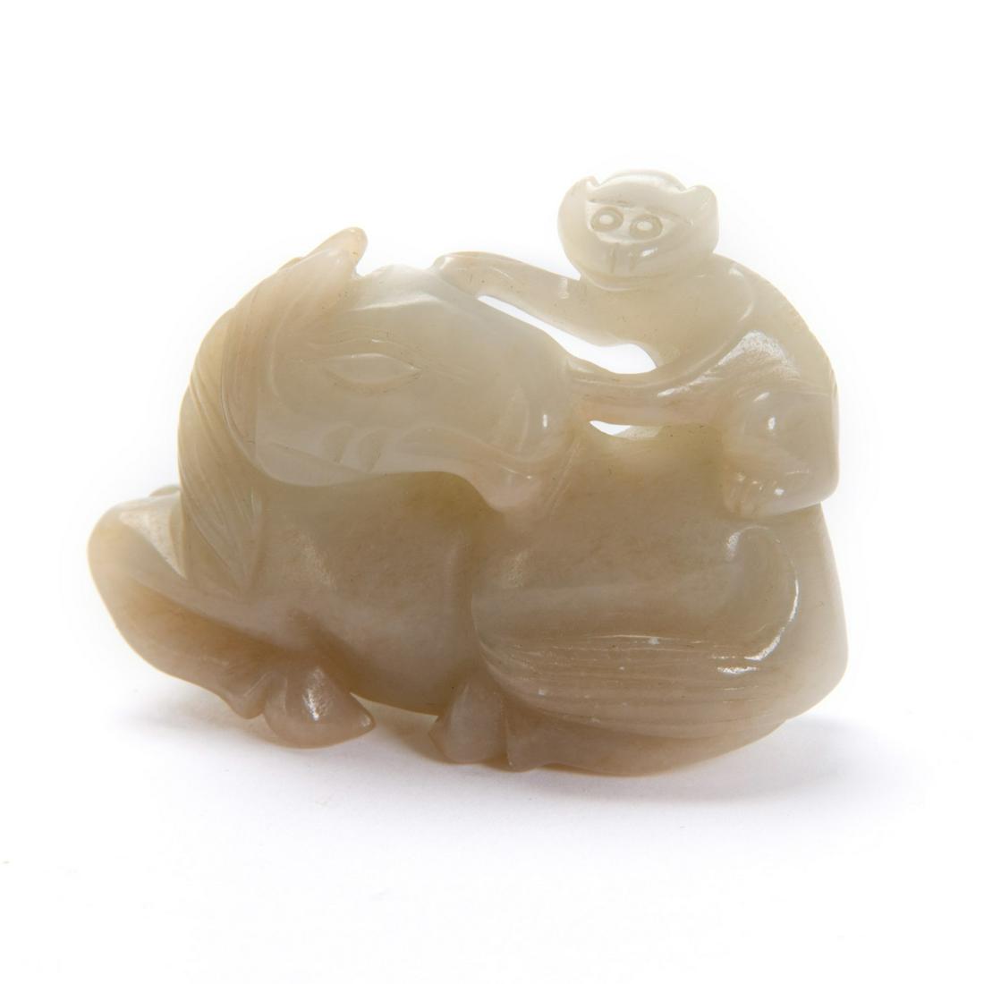 JADE HORSE MONKEY TOGGLE: Jade horse and monkey toggle. Monkey with horse is a symbol of protection from disease and death. 50g 1.5in(3.8cm) X 2in(5cm)