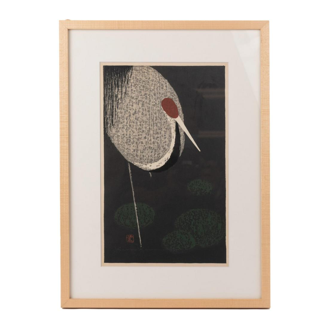 KAORU KAWANO WOODBLOCK PRINT, CRANE (1 of 6)