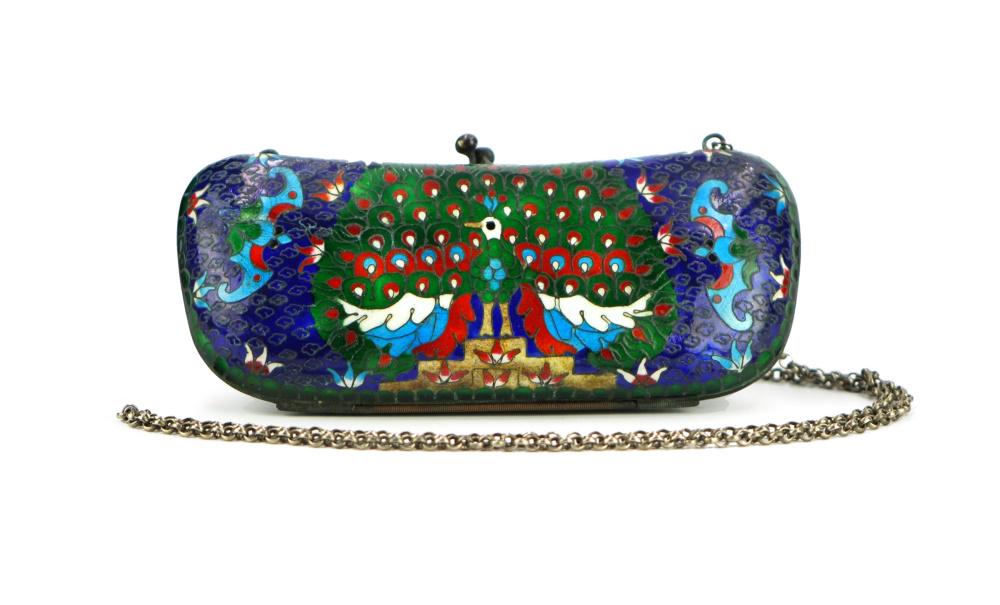 DECORATIVE PHOENIX AND BAT EYEGLASS BOX: Enameled in bright colors, this cloisonne case has been decorated with a peacock and bats on a dark blue background. W:1 3/8in L:6in H:1 3/8in(3.5cm) W:6 1/8in(15.5cm)