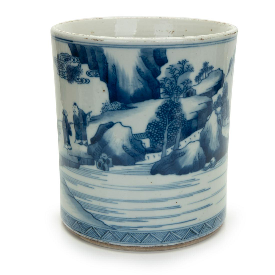 CHINESE BLUE AND WHITE BRUSH POT: Chinese blue and white brush pot. H:6.75in(17.1cm) W: 6in(15.2cm)