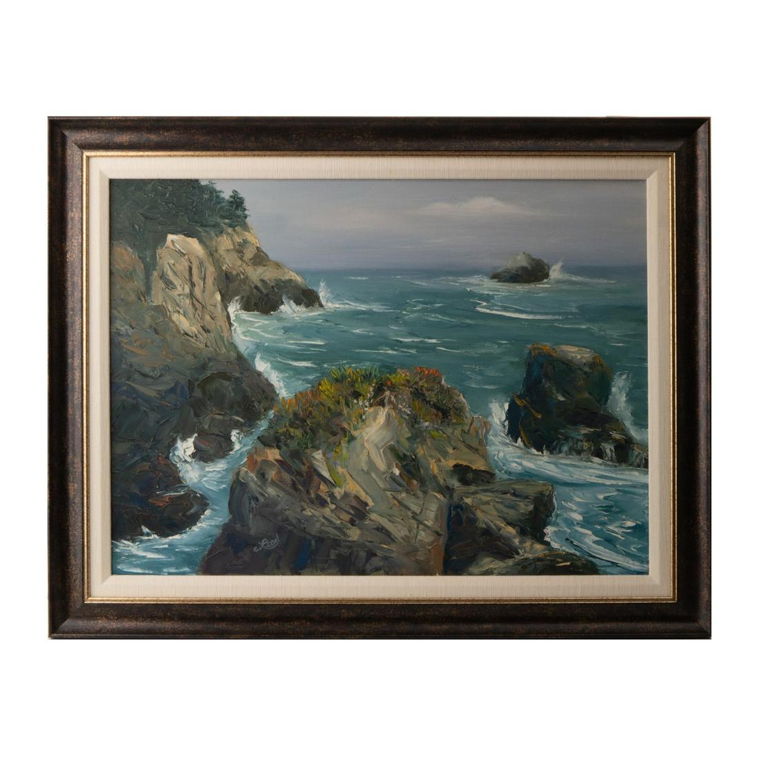 FRAMED OIL ON CANVAS BY LEON: Framed oil on canvas by LEON of waves upon rocks. H:22.5in(57.1cm) W:28.5in(72.3cm)