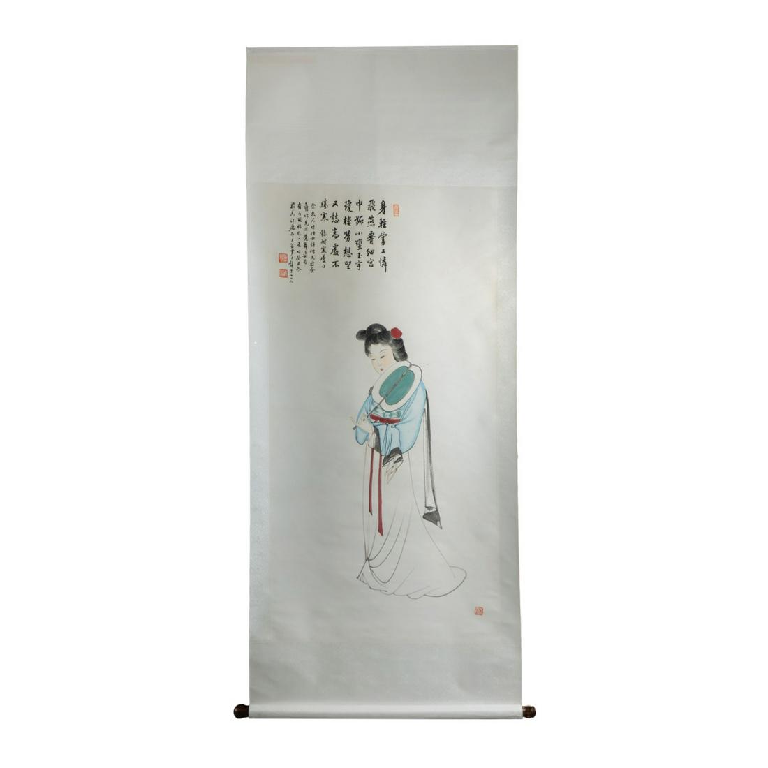 CHINESE SCROLL PAINTING OF LADY WITH FAN: Chinese scroll painting Lady with Fan. L:76in(19.3cm) W:31in(78.7cm)