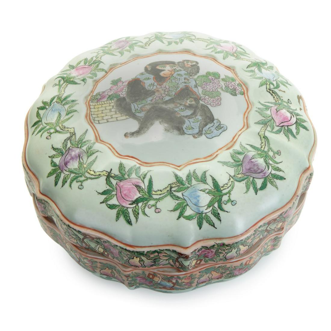 CHINESE PORCELAIN BOX MONKEYS PEACHES BOX: Chinese famille rose porcelain box with monkeys and peaches. H:7.75in(19.6cm) W:14in(35.5cm)