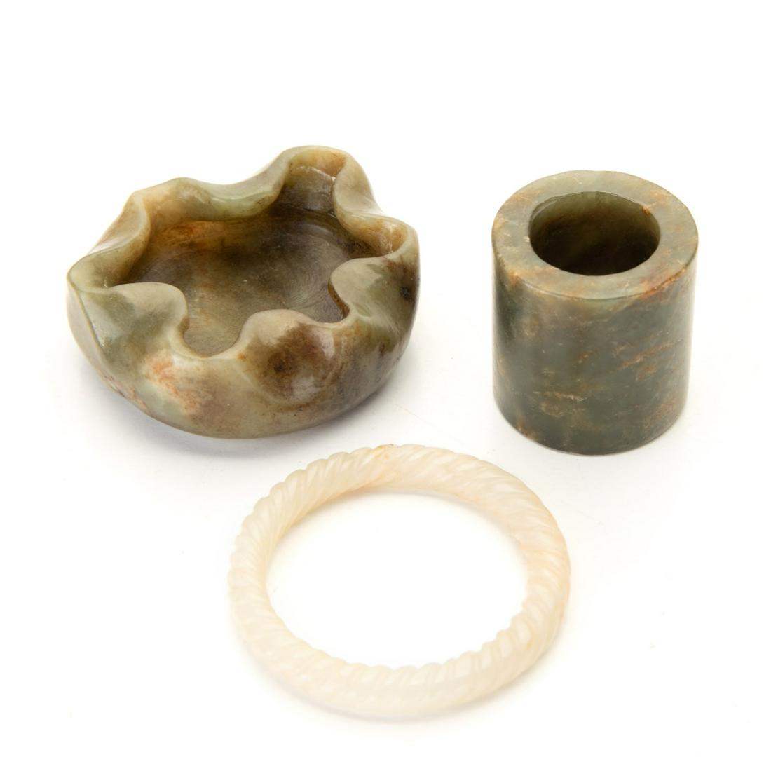 THREE JADE BRUSH POT/ BANGLE ORNAMENTS (1 of 6)