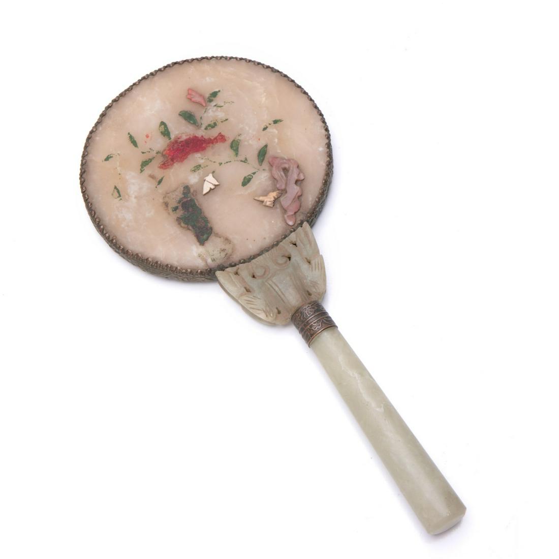 JADE MOUNTED HAND MIRROR: 10.5in(26.6cm) X 4.75in(12cm)