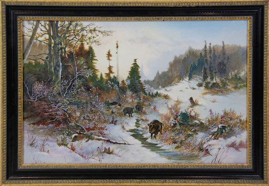 LANDSCAPE HOG PAINTING: With a landscape blanketed in snow and the sun shining the trees, this idyllic landscape painting shows a family of hogs congregating around a small stream for a drink of water. Though clearly set in