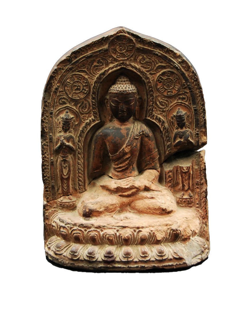 15 th CENTURY STONE BUDDHA: Finely carved from stone, this stunning piece is decorated with various Buddhist details. The main Buddha is sitting in the middle with two side Buddha against a finely decorated background. L:5â€ 