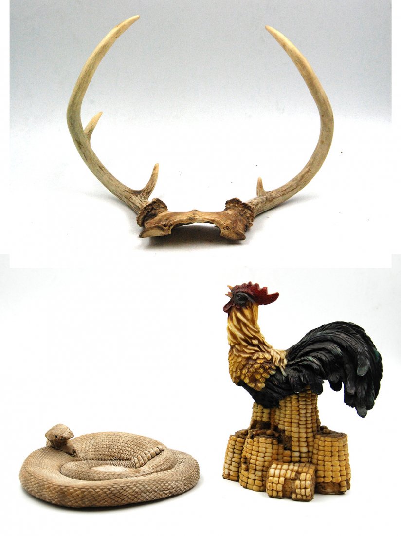 DEER ANTLERS, RATTLESNAKE AND ROOSTER FIGURINES (1 of 1)