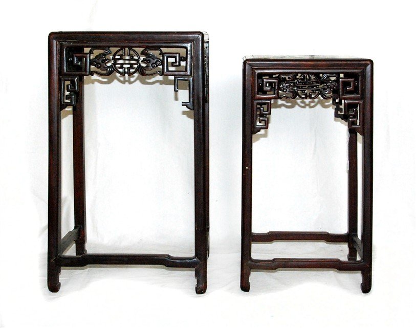 MING STYLE NESTING TABLE SET OF TWO: With carved openwork, this nesting table set of two have been decorated with auspicious symbols for good fortune. H:21 W:12 H:18 W:10