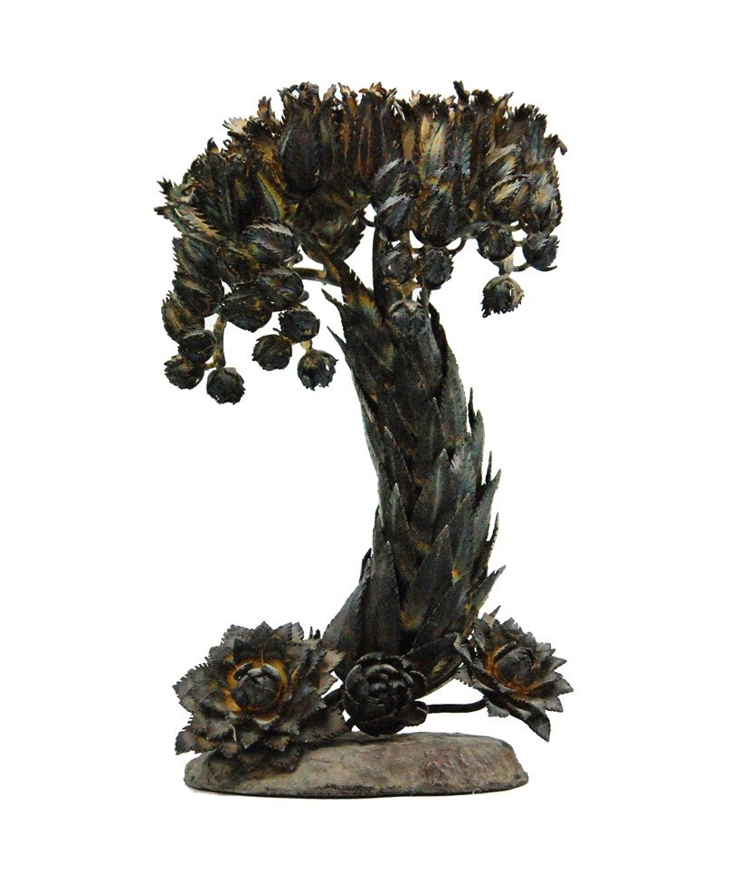 JANNA THOMAS SILVER FLOWERING DESERT ARRANGEMENT: Of a flowering dessert plant, done with a polychrome wash. H:7 W:4